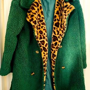 SHEIN Green Teddy Jacket with Leopard Print Lining